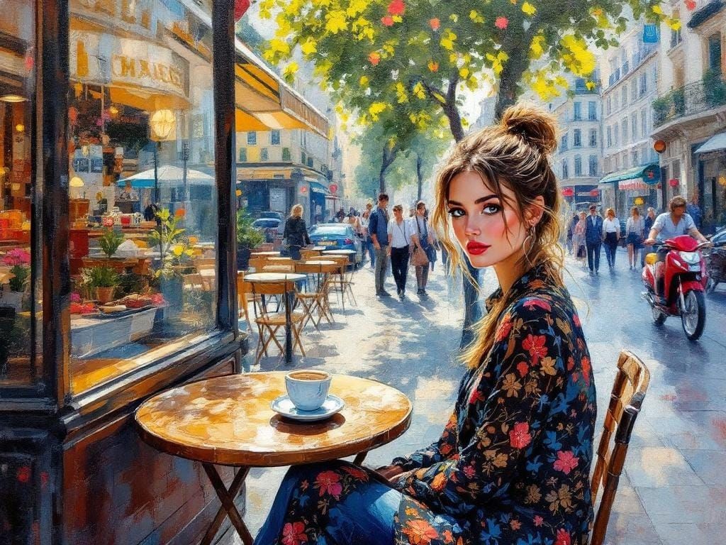 Parisian Cafe Scene in Encaustic Impressionist Style