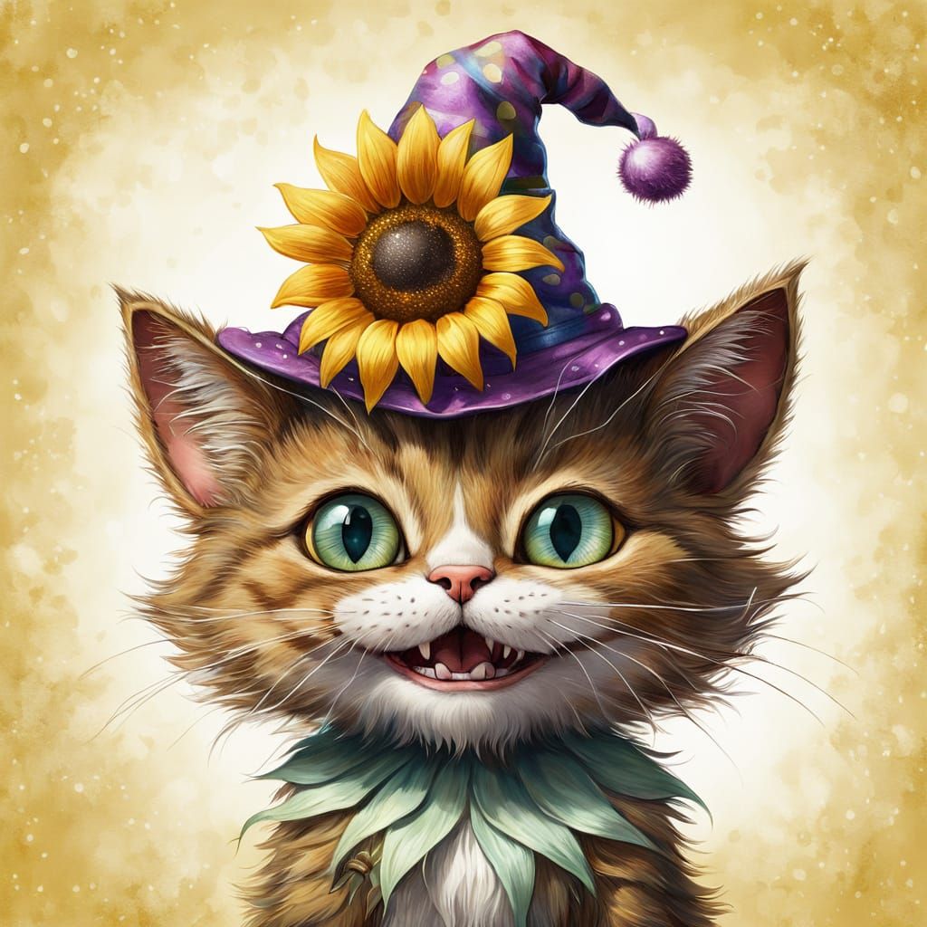 Playful Cat Caricature with Jester Hat and Sunflower