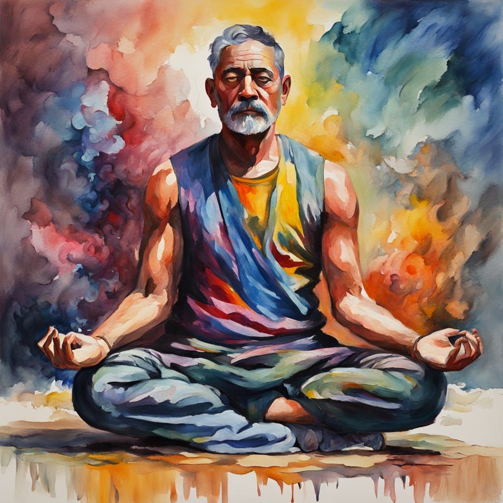 Man in Yoga Pose with Colorful Smoke, Gouache Style