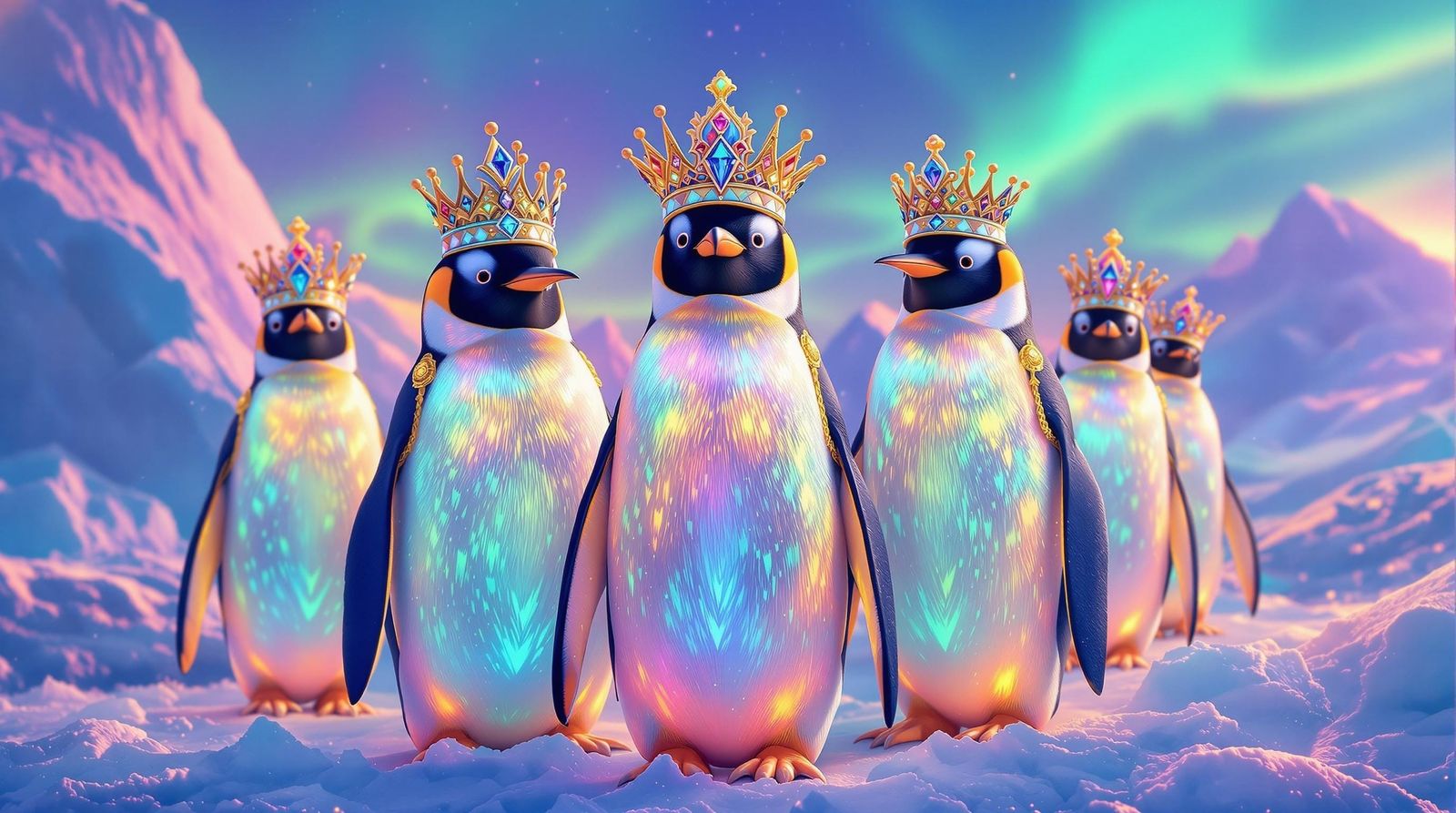 Jeweled Penguins Wear Regal Crowns
