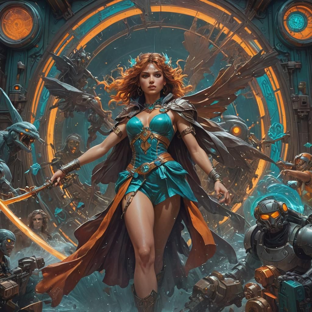 Epic 80's Video Game Cover Art in Triadic Color Palette