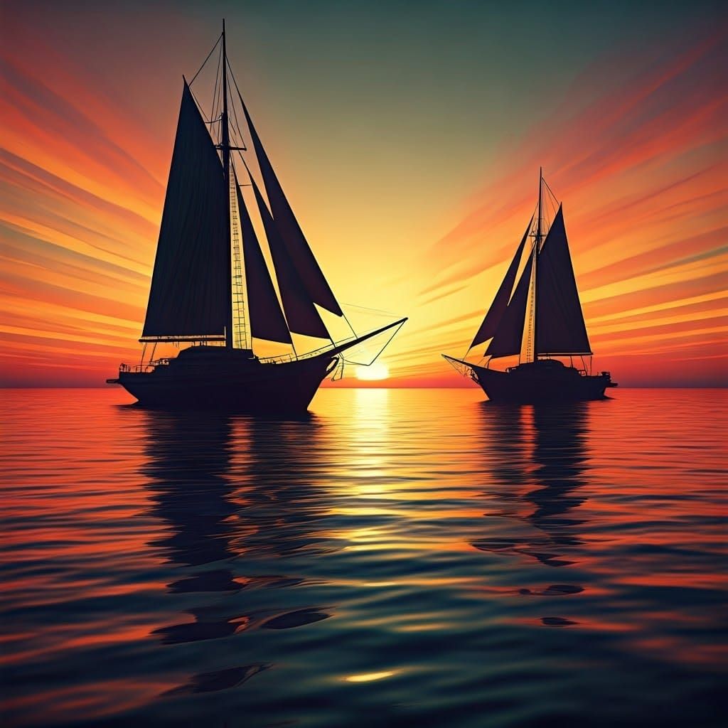 Art Deco Sailboats Silhouetted at Sunset