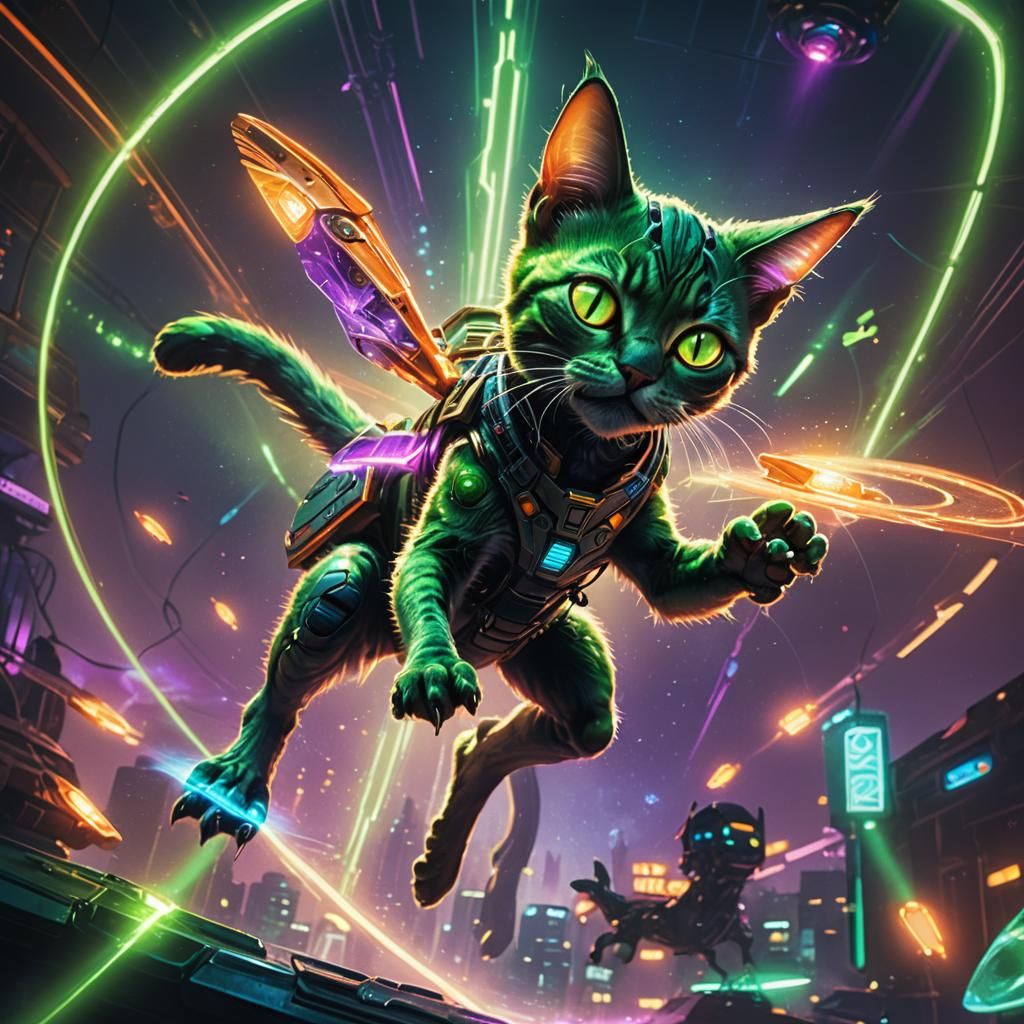 Alien Cat Flies UFO in Fantasy Concept Art