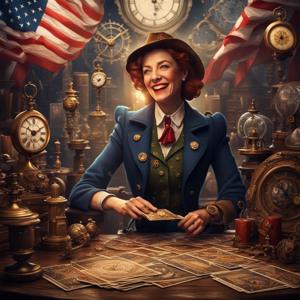 Laughing Lady Detective with Tarot Cards