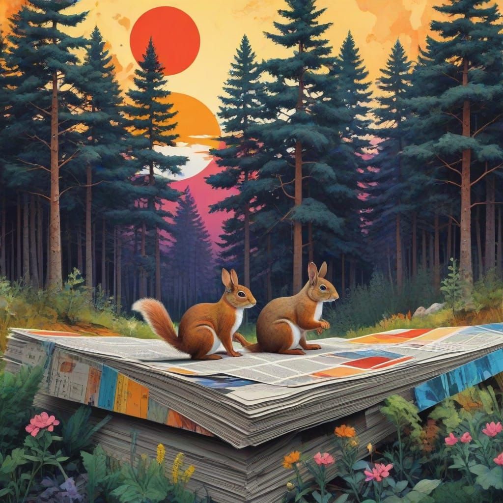 Vibrant Collage of Rabbits and Squirrels in Sunset Forest