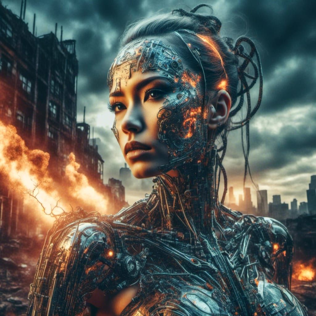Cyborg Stares at Burning World in Cyberpunk Style