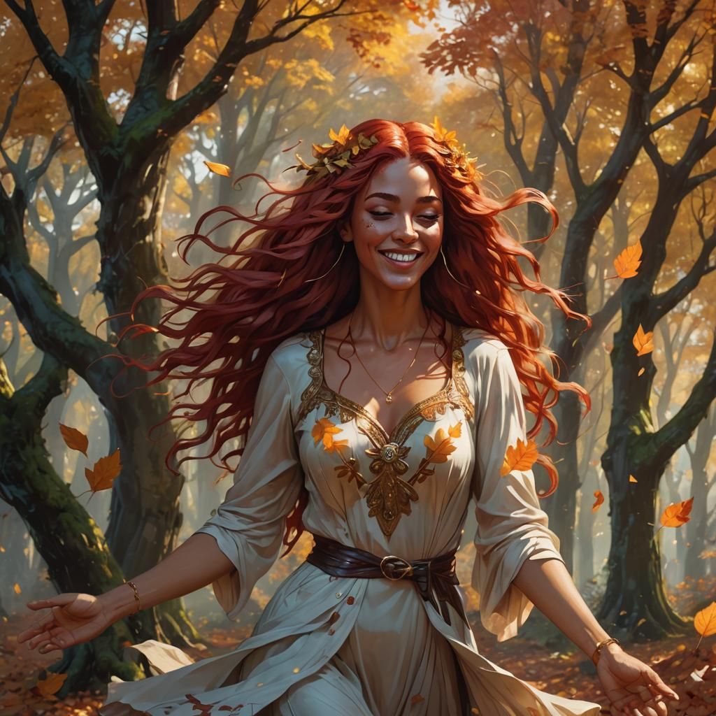 Goddess Nessa Dances in Autumnal Forest, Art Nouveau Style