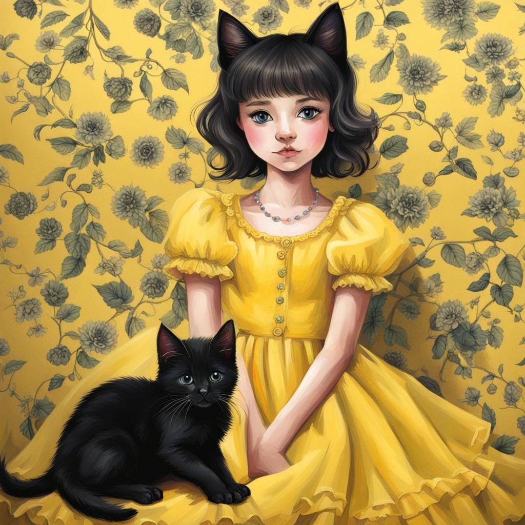 Black Kitten in Yellow Dress Portrait