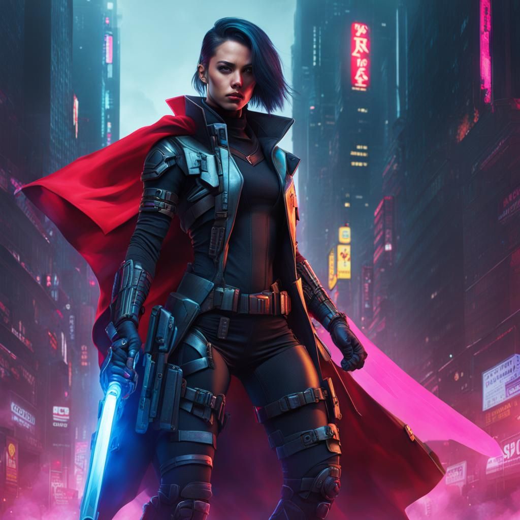 Cyberpunk Female Super Soldier with Sword and Cape