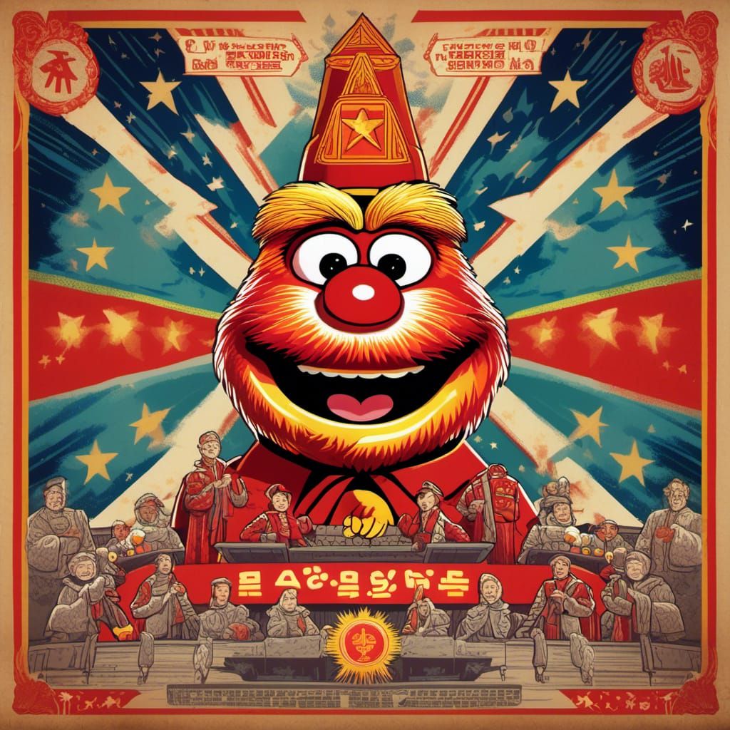 a north korean communist proganda poster featuring the muppetshow intricate details, HDR, beautifully shot, hyperrealist...