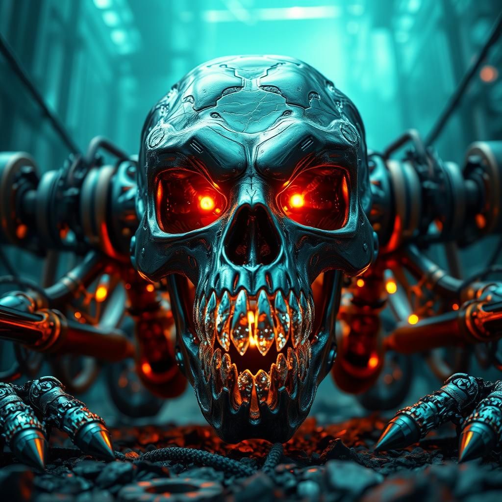 An ice skeleton face with fire eyes and diamond teeth intric...