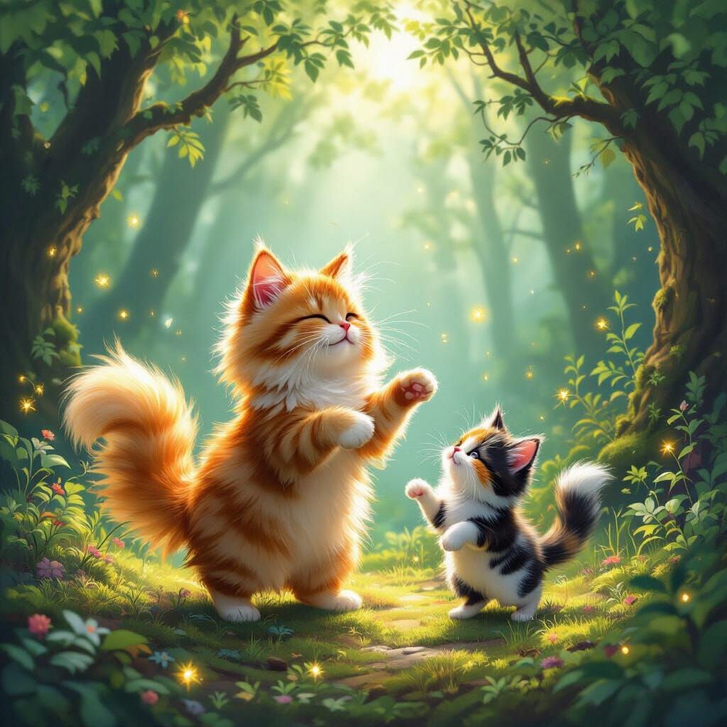Whimsical Forest Dance: Cats in Enchanted Woods