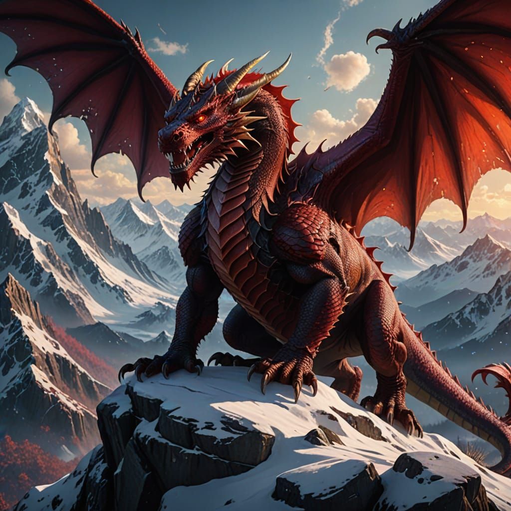 Majestic Red Dragon Reigns Supreme in Snowy Mountains