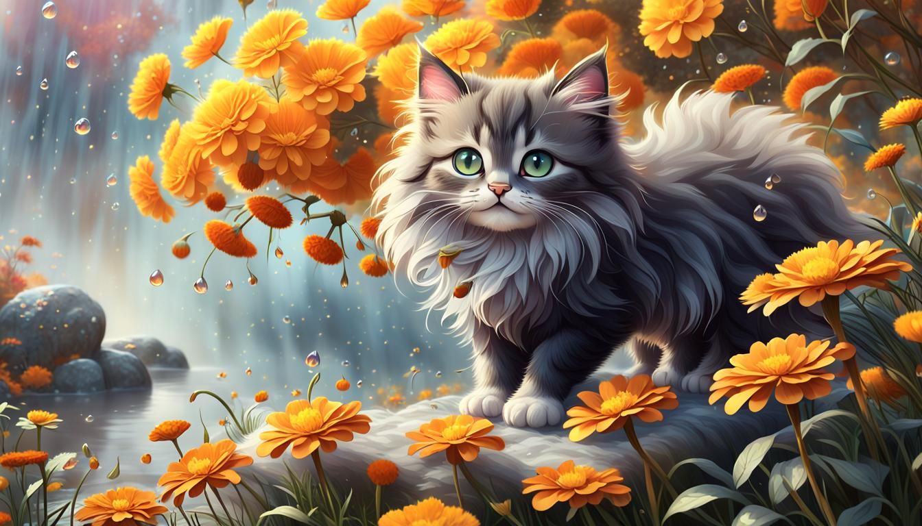 Fluffy Kitten in Autumn Scene, 3D Render