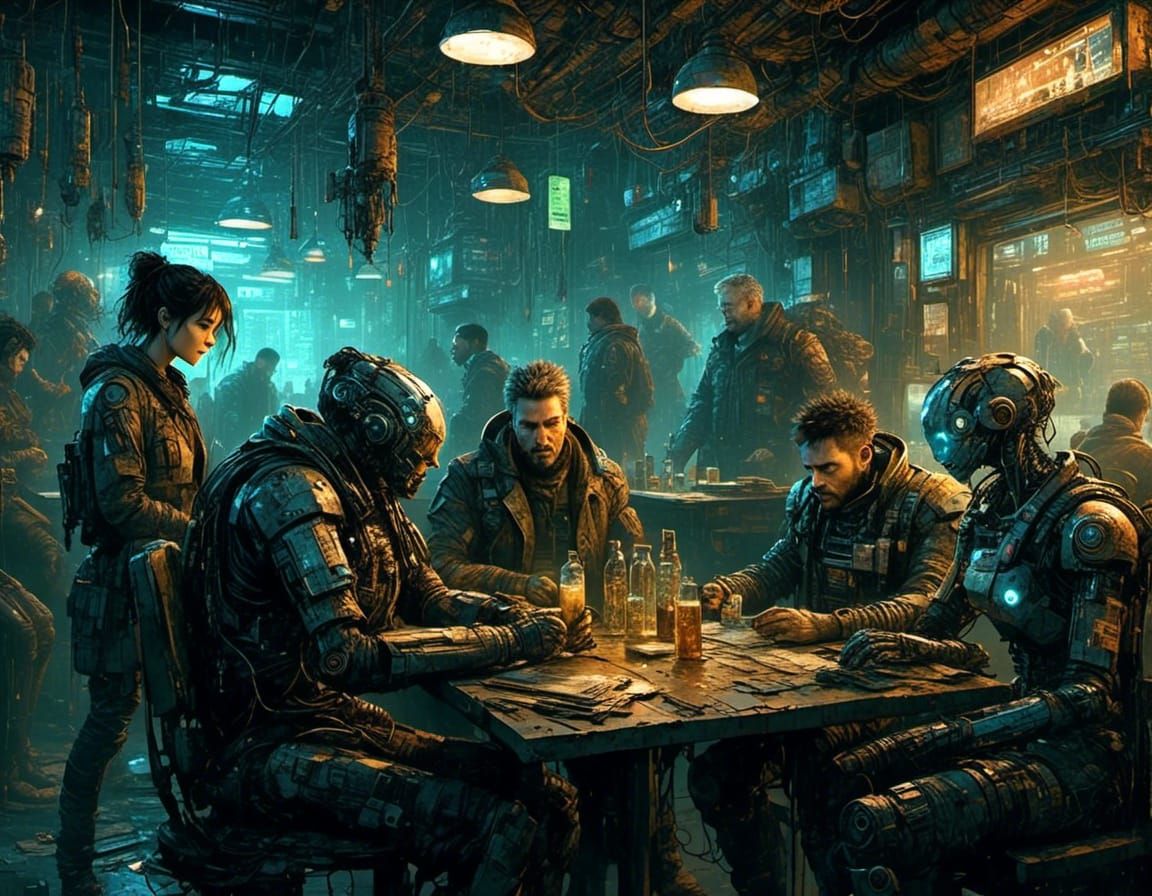 Cyberpunk Bar Scene: Worn-Out Patrons Relaxing