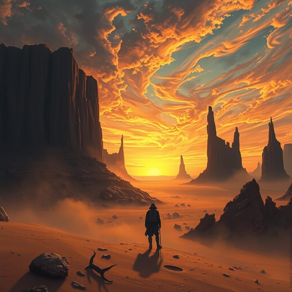 Surreal Desert Odyssey in Dark Fantasy Style