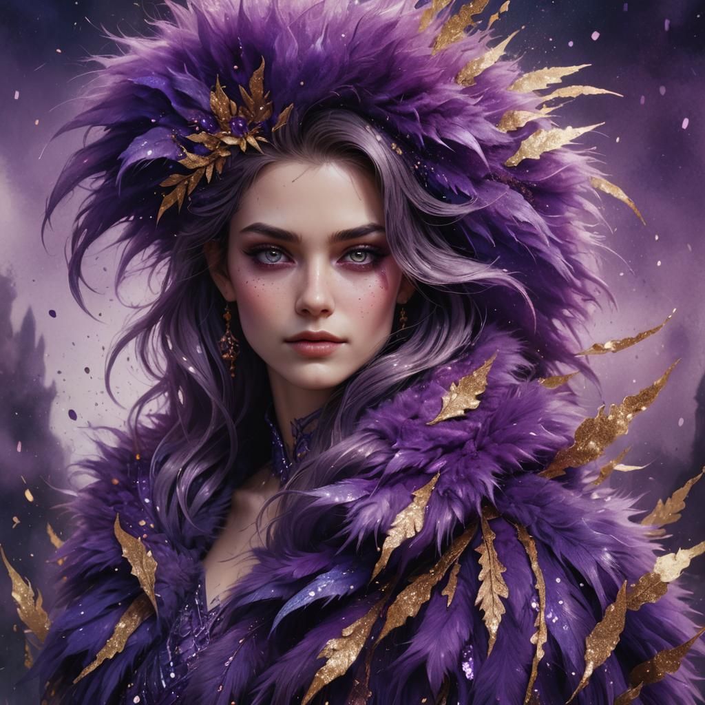 Purple Fur Woman in Watercolor Style