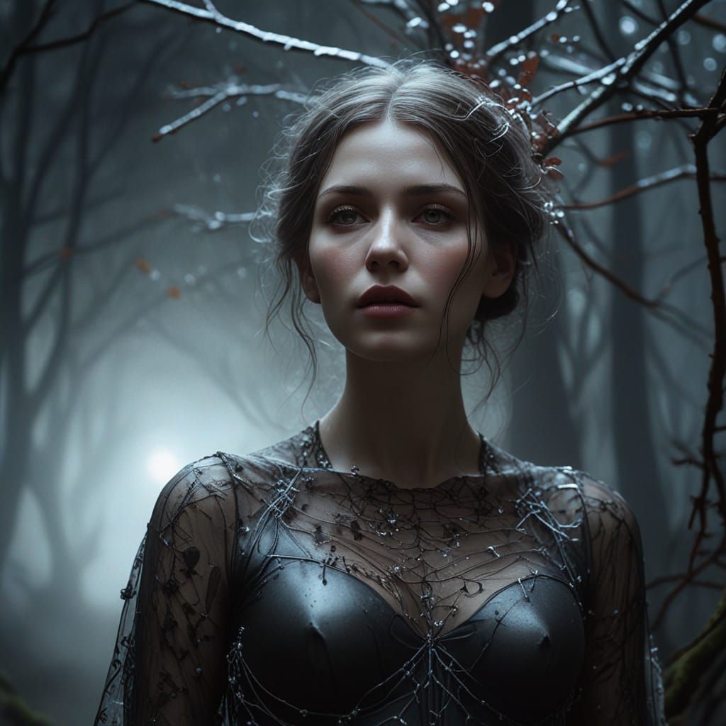 Surreal Oil Painting of a Woman in a Foggy Forest