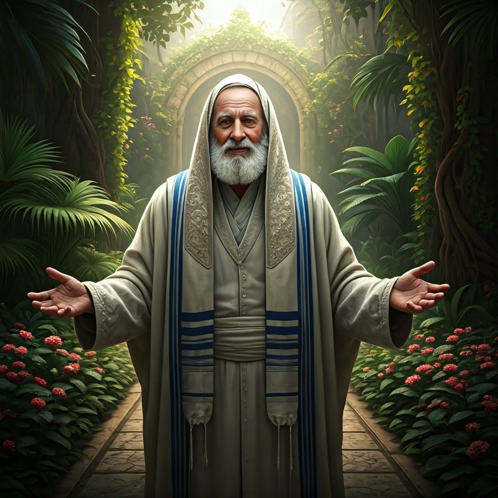 Elderly Orthodox Jew in Traditional Attire Stands in Lush Ga...