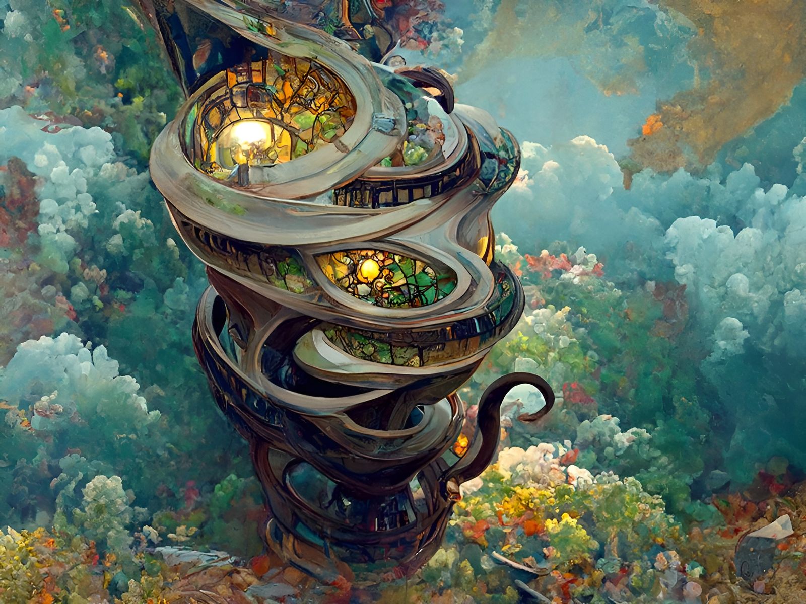 Surreal Spiralling Architecture in Art Nouveau Style