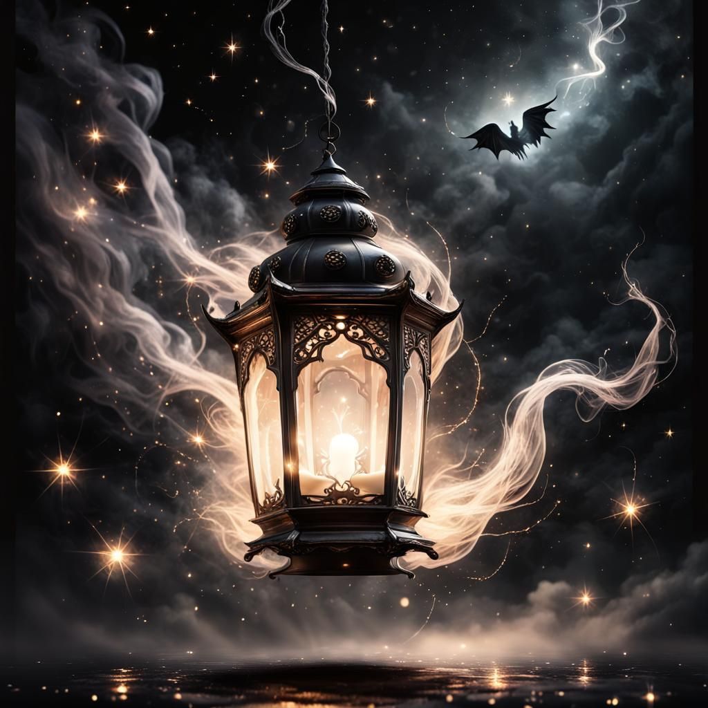 Ethereal Ghost Lantern Ascending into Dark Sky