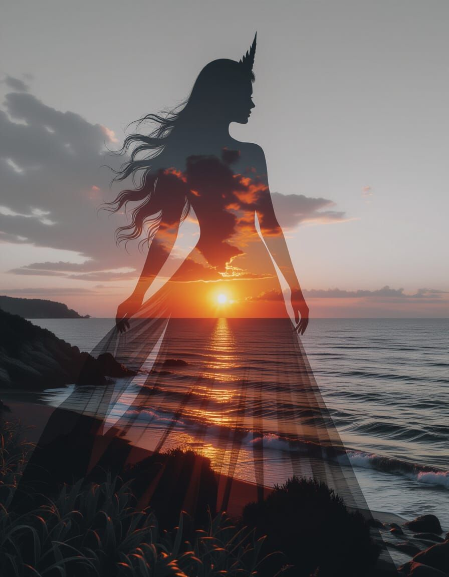 Goddess Silhouette Merged with Sunset Coast in 8K