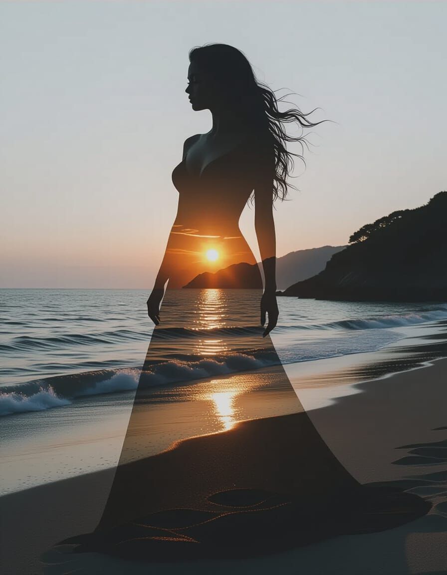 Goddess Silhouette Merged with Sunset Coast in HDR