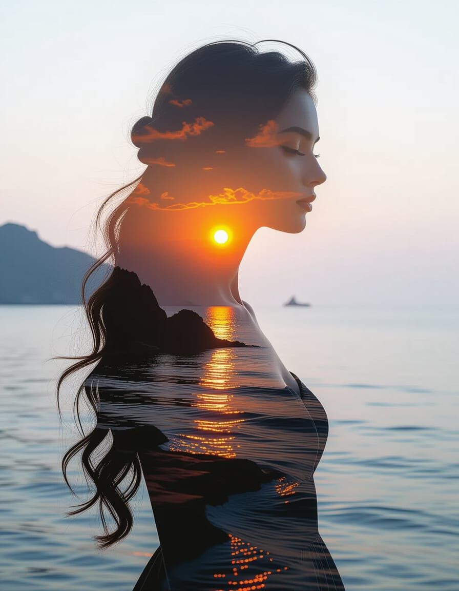 Goddess Silhouette Merging with Sunset Coast in Double Expos...