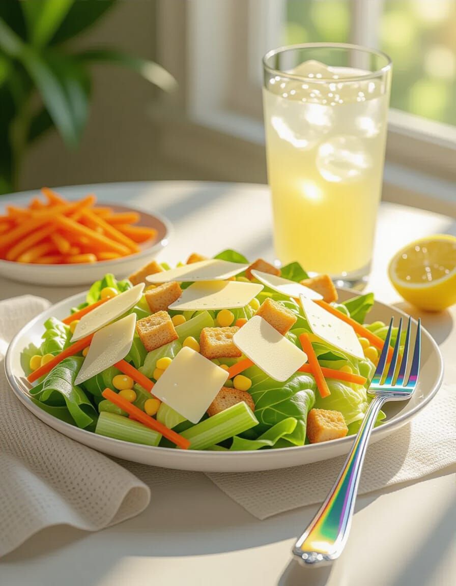 Hyperrealistic Garden Salad with Lemonade and Fork