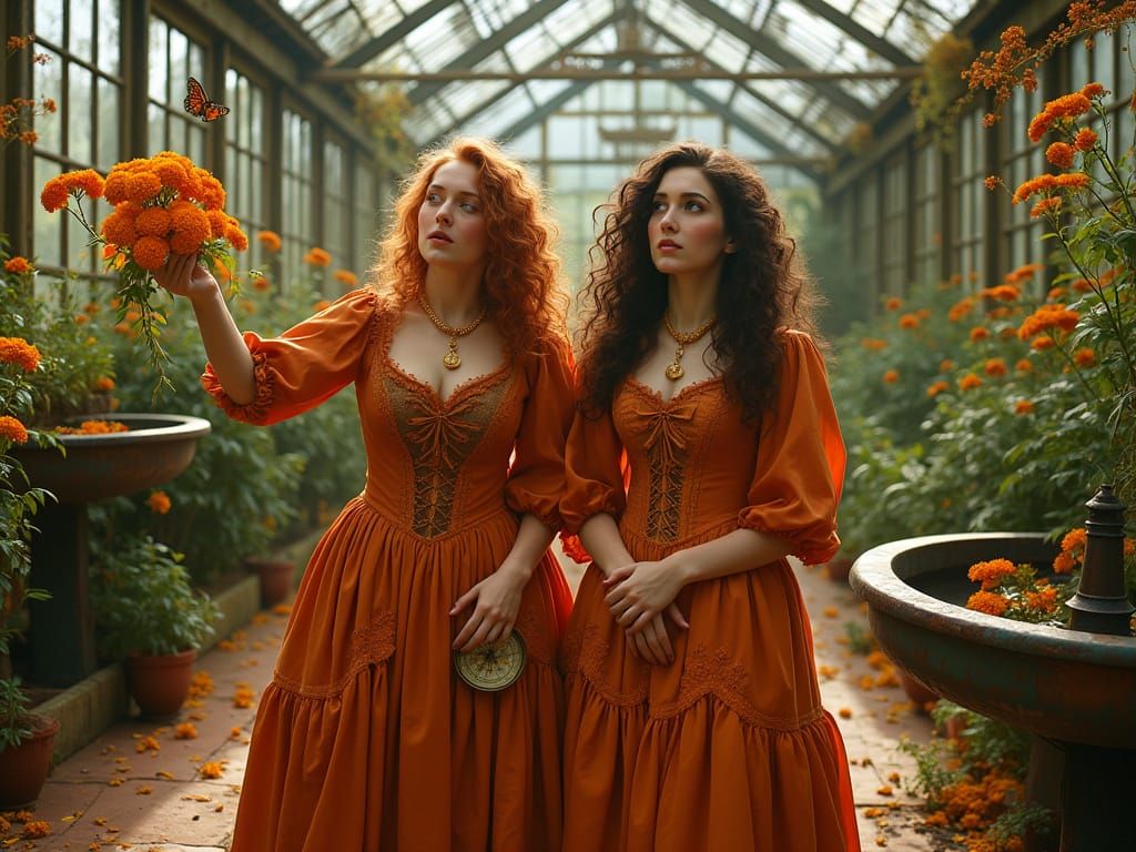Victorian Sisters in Abandoned Orange Greenhouse