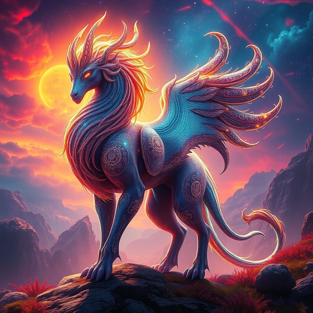 Regal Mensoi Dominates Vibrant Dreamlike Landscape