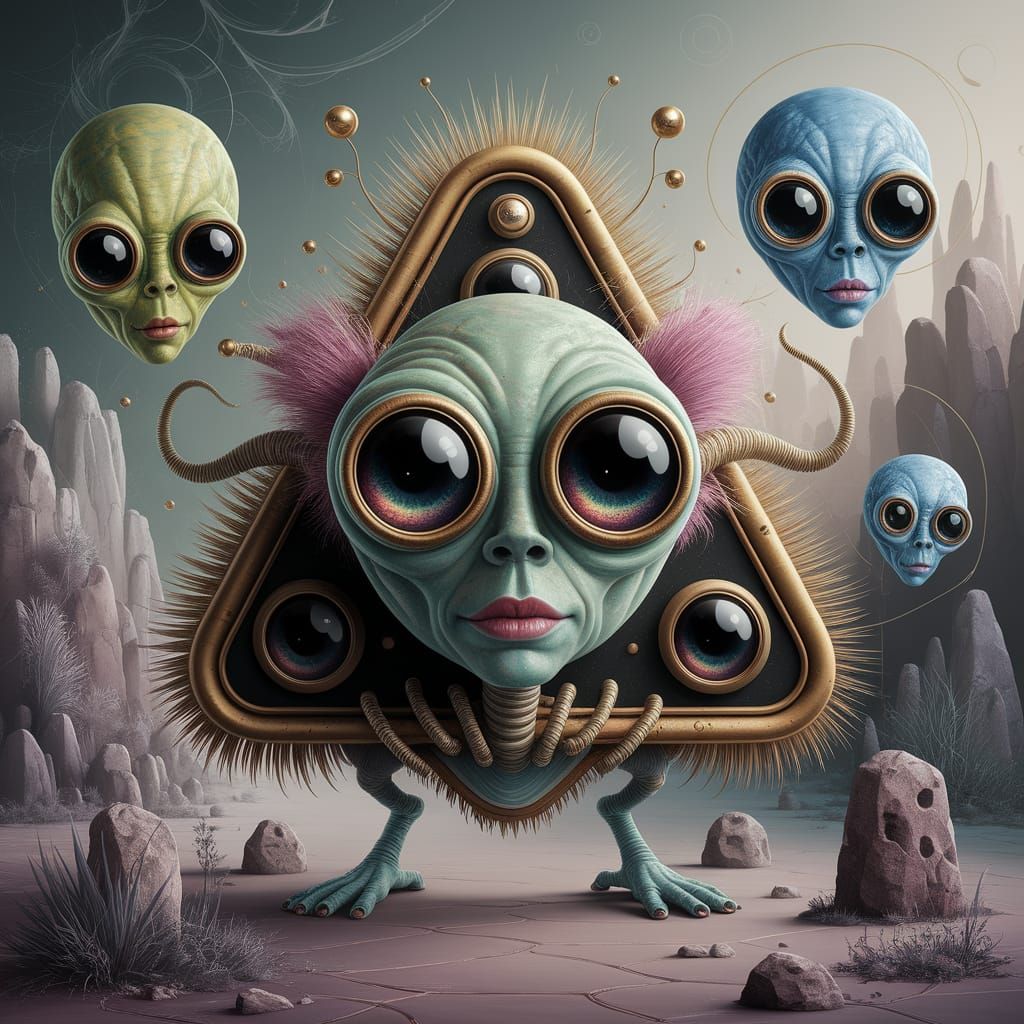 Surreal Golden Triangle Painting in Alien Stone Age Style
