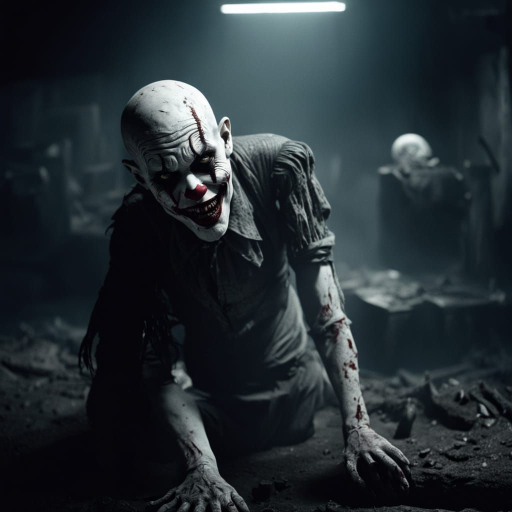 Grotesque Evil Clown in Ominous Horror Scene