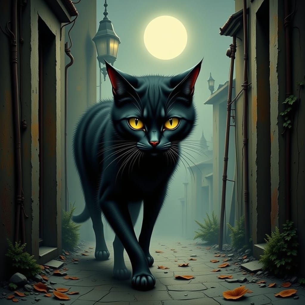 Moonlit Alley Cat Prowling in Misty Night