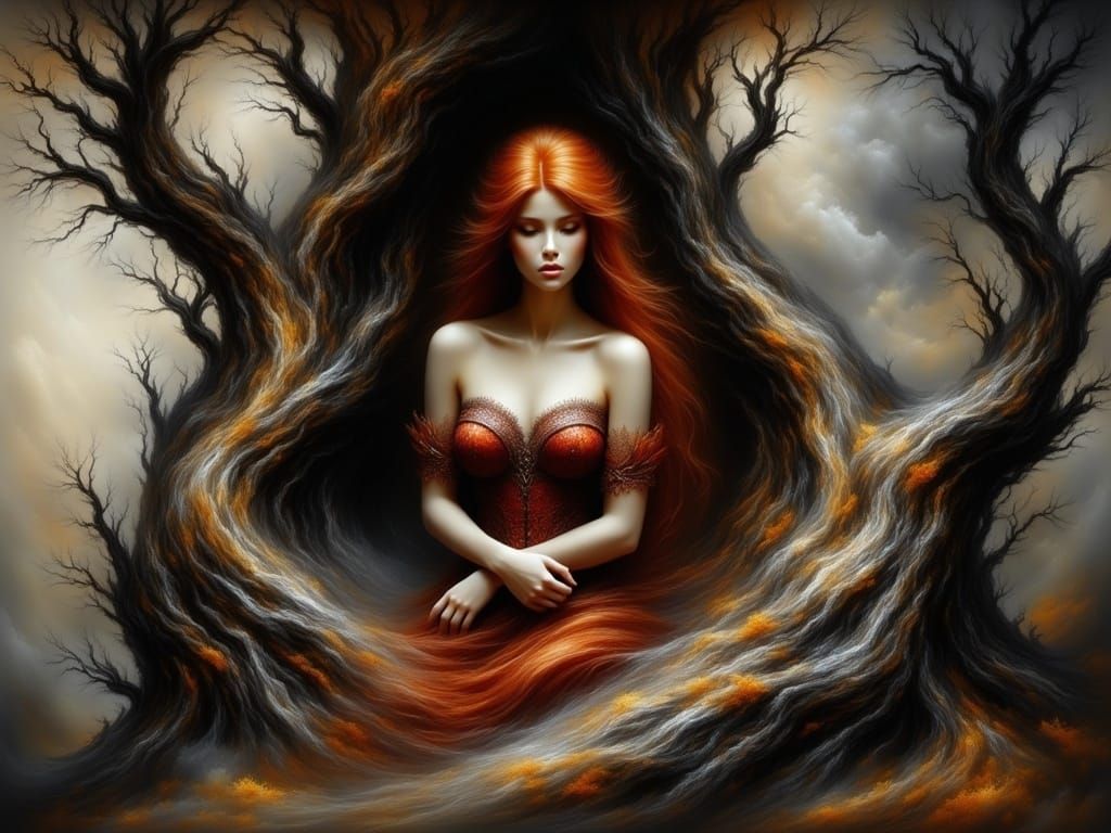 Ethereal Goddess in Hollowed Tree Trunk