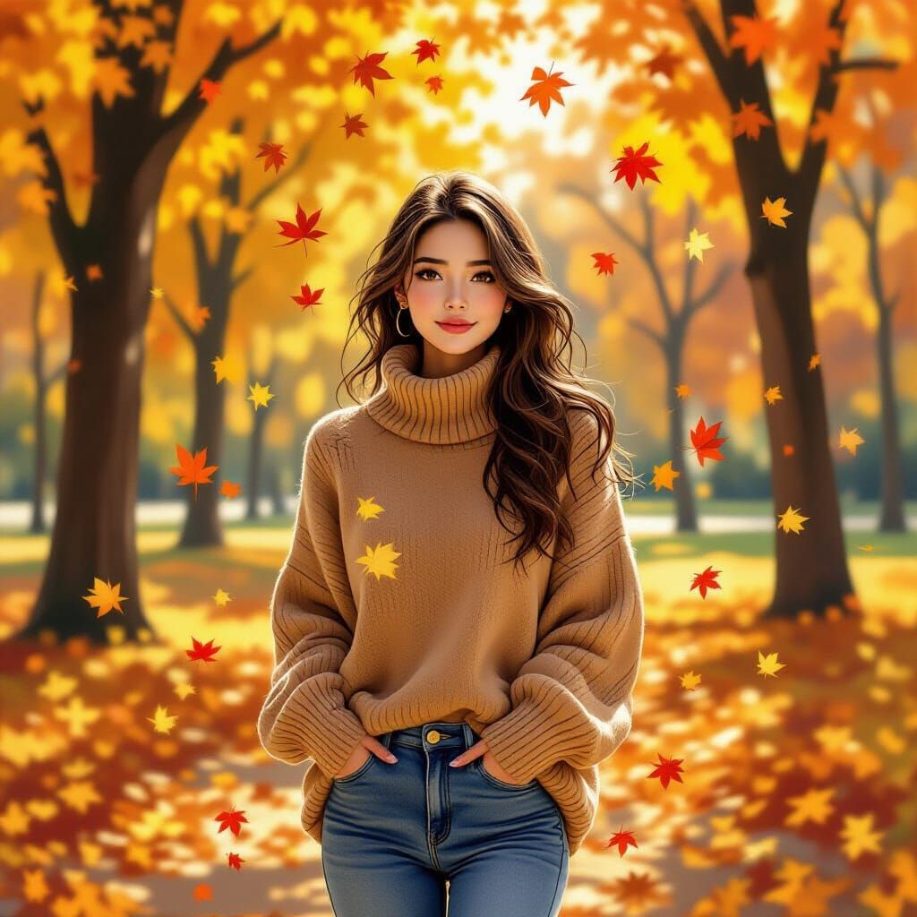 Young Woman in Autumn Park with Falling Leaves