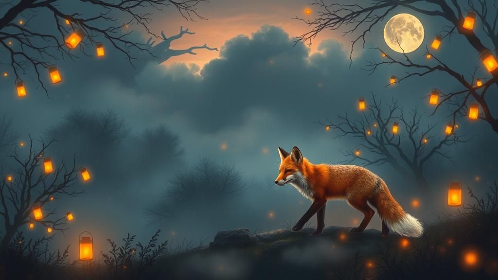 Fox in Mystical Twilight with Fireflies