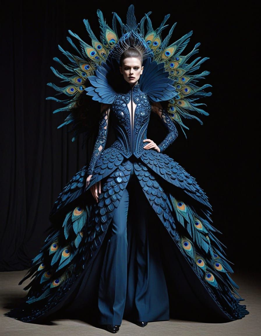 Haute Couture Goddess Wears Avant-Garde Peacock-Inspired Mas...