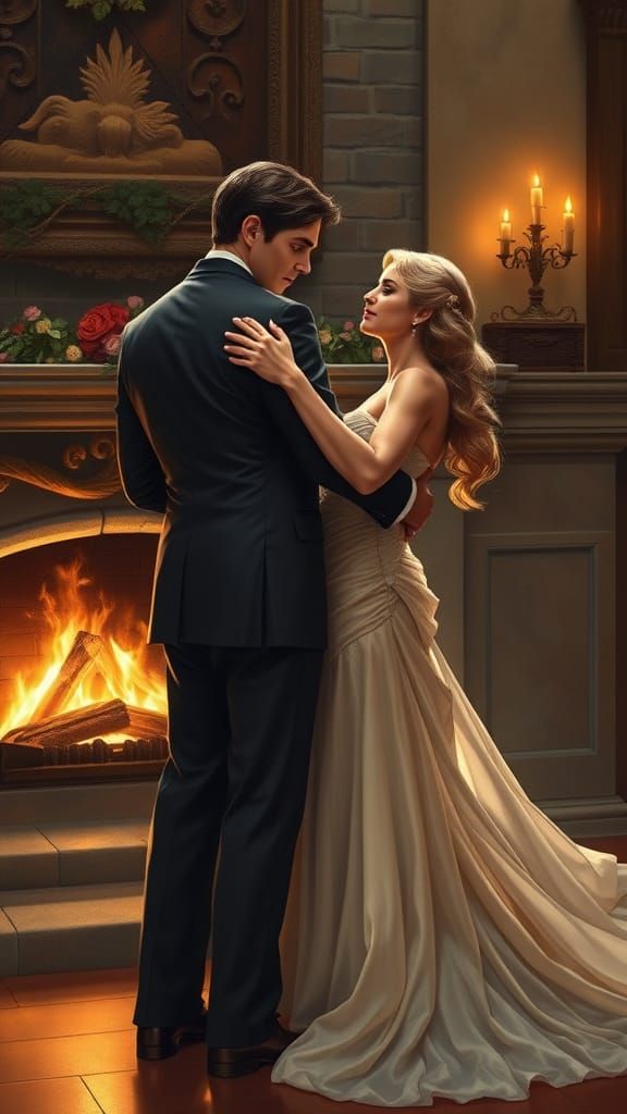 Elegant Couple Dancing in Golden Light, Romantic Realism