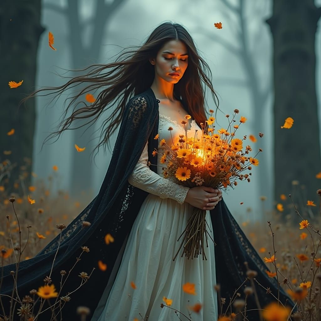 Mystical Woman in Apocalyptic Autumn Clip Art