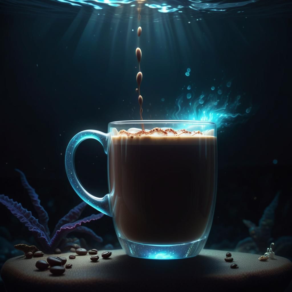 Coffee Mug at Ocean Bottom: Hyperrealistic Bioluminescent Il...