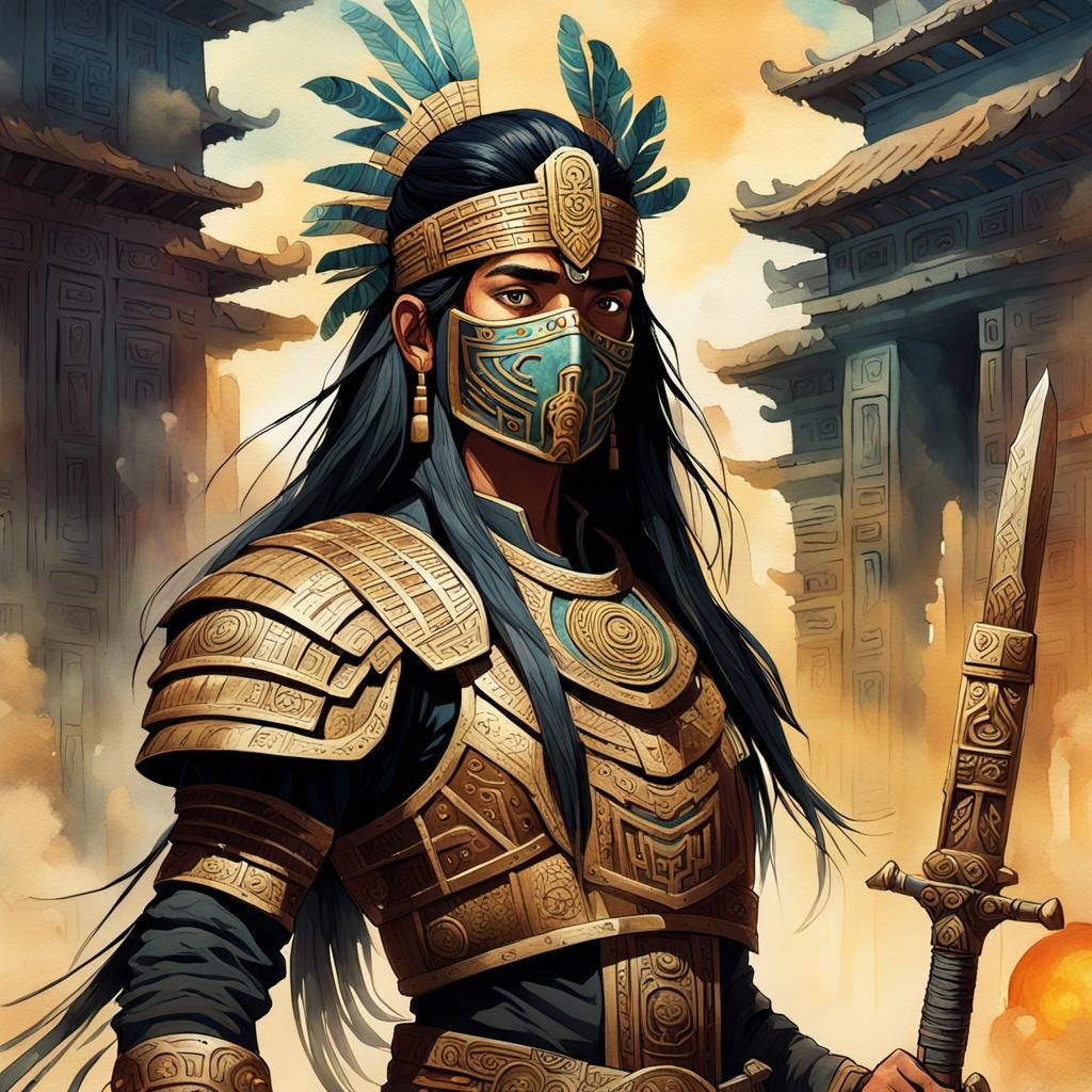 Mayan Sentinel: Androgynous Protector in Digital Watercolor ...