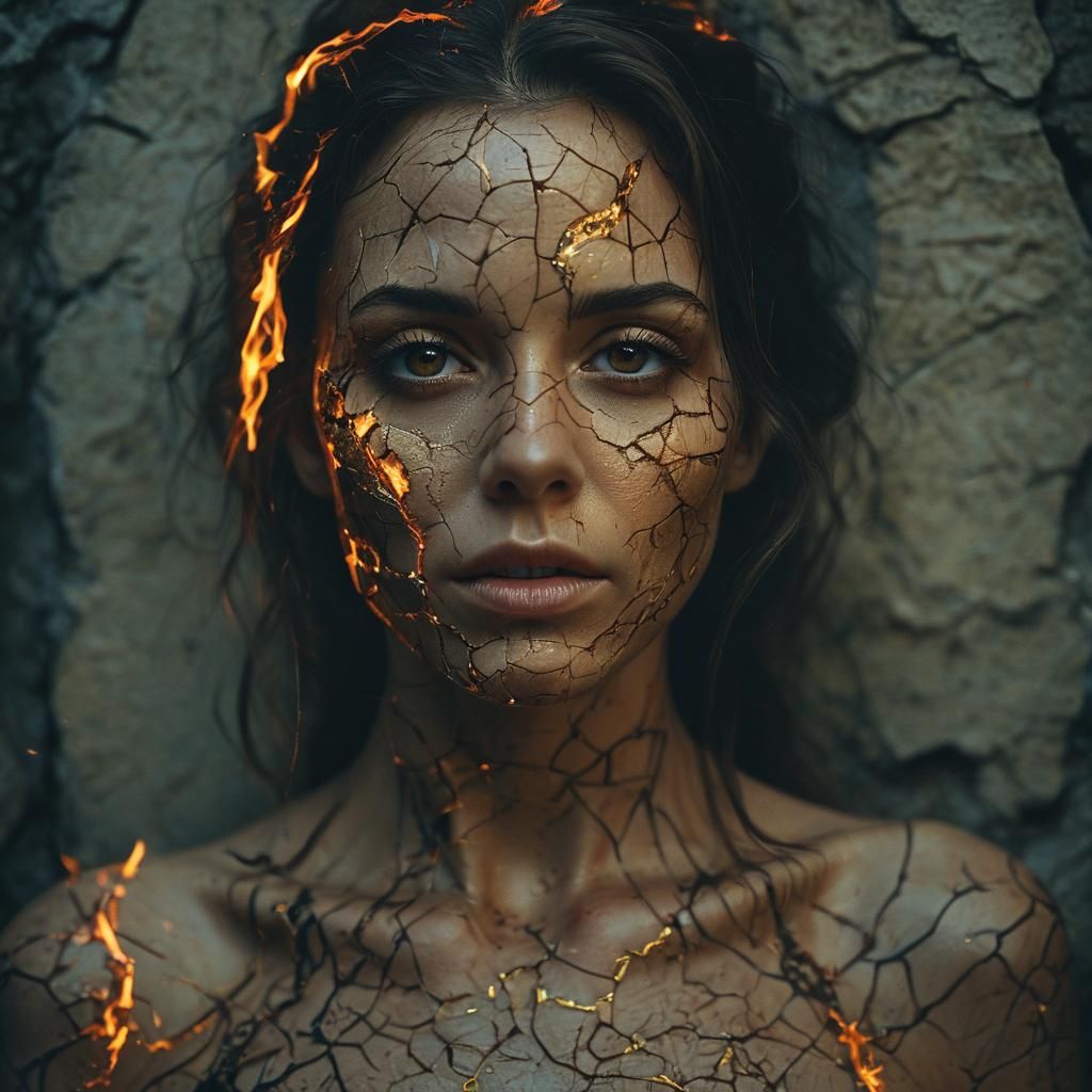 Cracked Portrait Reveals Flames and Gold