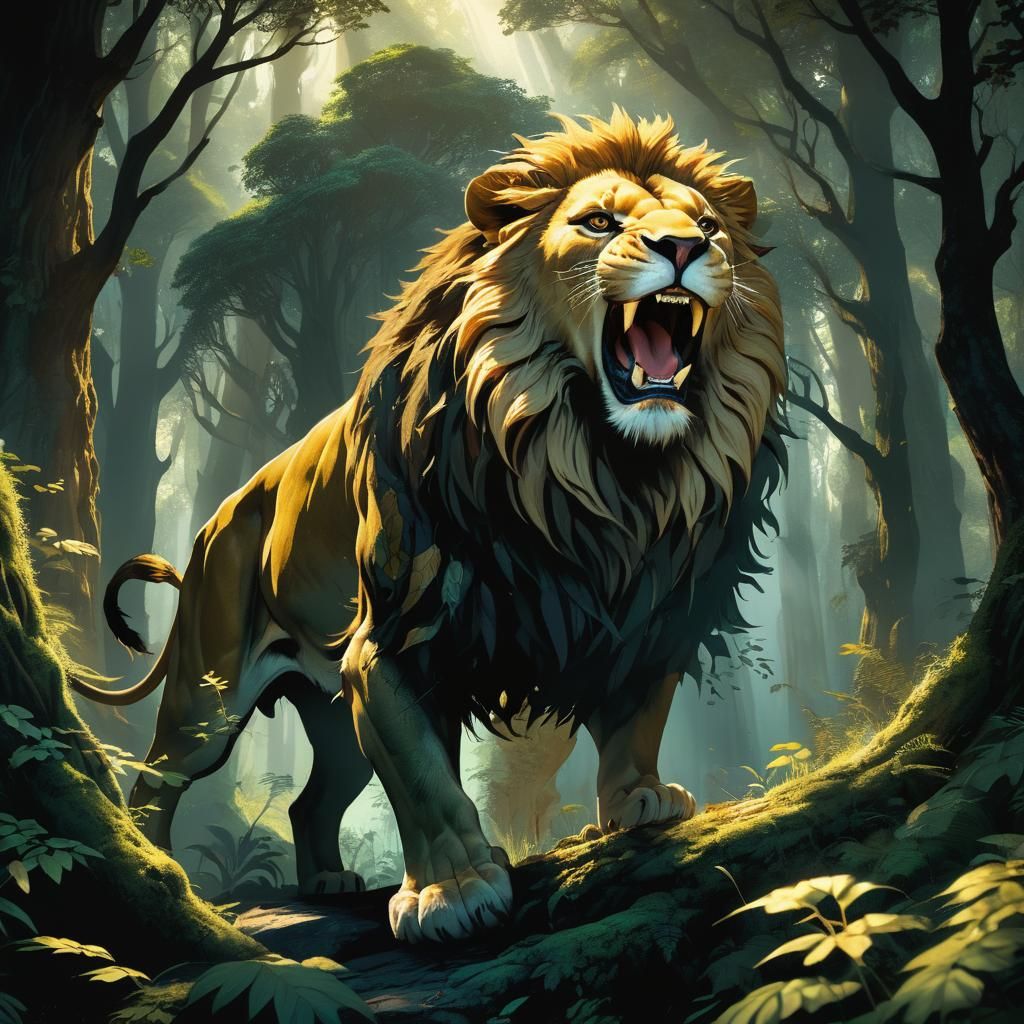 Roaring Lion in Dark Fantasy Forest Concept Art