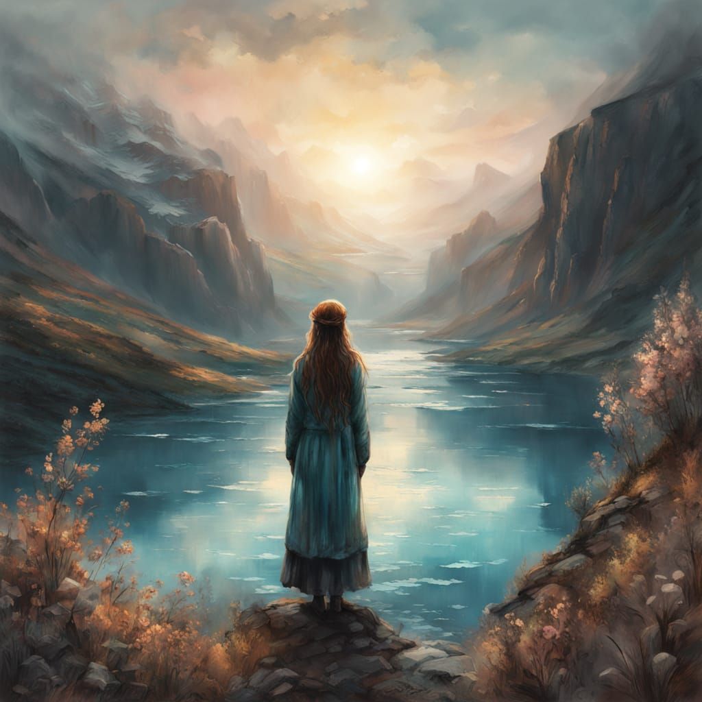 Pre-Raphaelite Serenity: Woman at Turquoise Glacial Lake