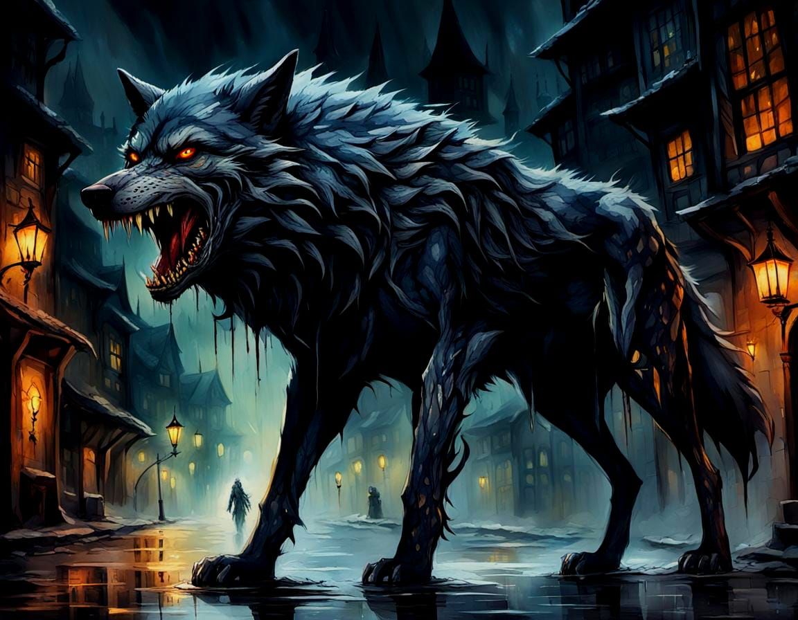Anthropomorphic Wolf Hybrid Stalks Medieval City, Watercolor