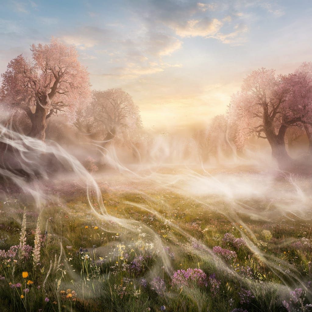 Ethereal Spring Fantasy Landscape with Wildflowers