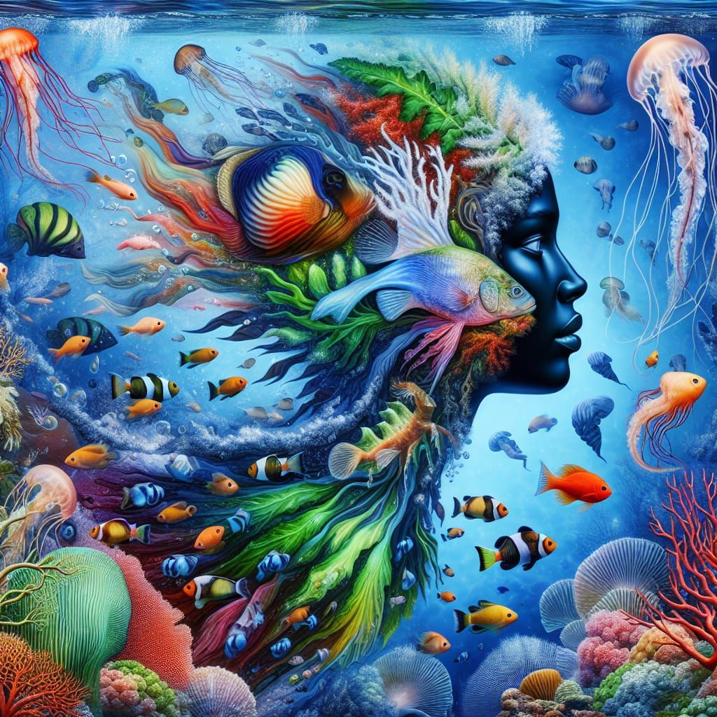 Surreal Underwater Woman-Fish in a Tranquil Dreamscape
