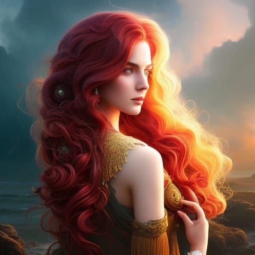 Celestial Irish Girl Portrait with Flowing Red Hair