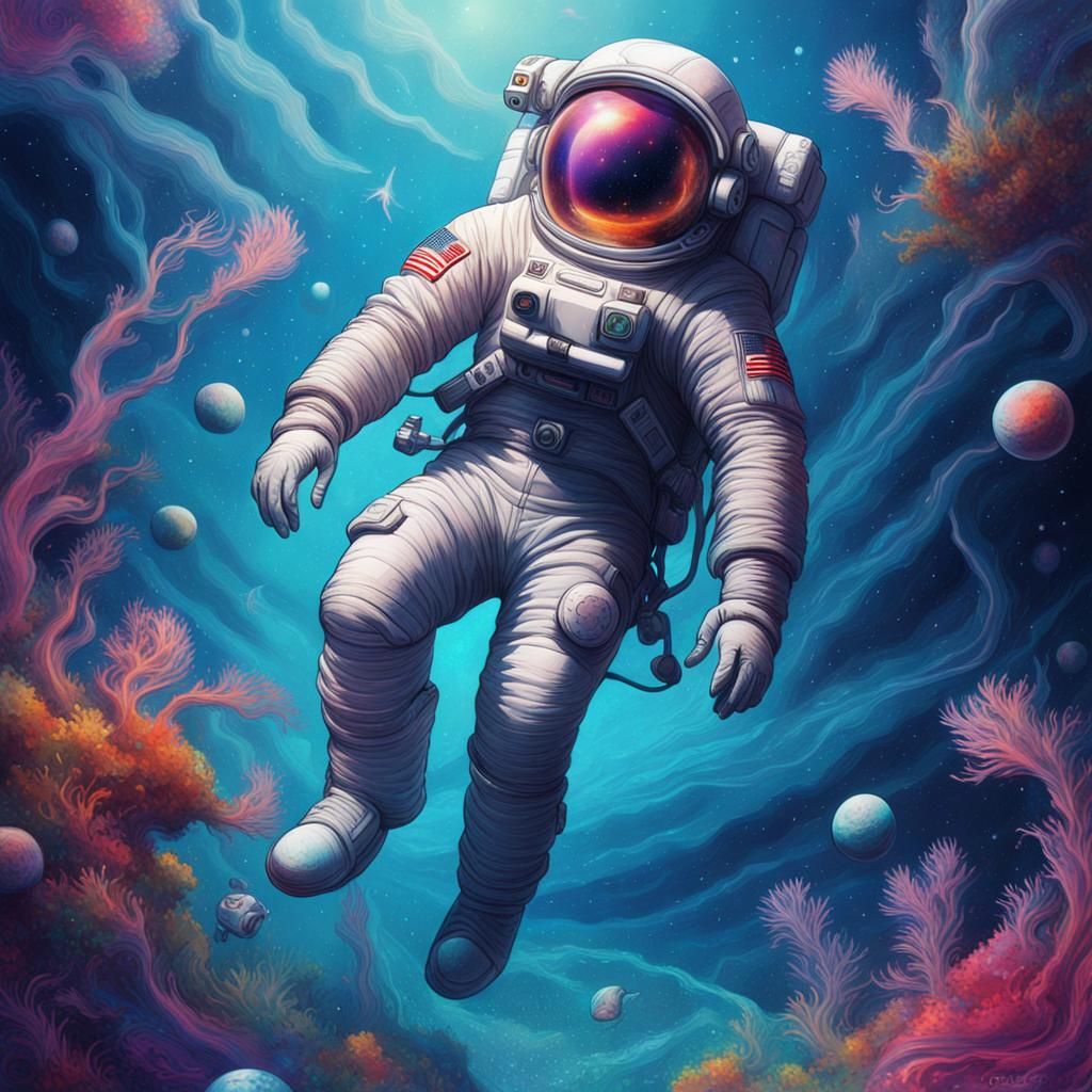 Astronaut in Underwater Space: Cosmic Mixed Media